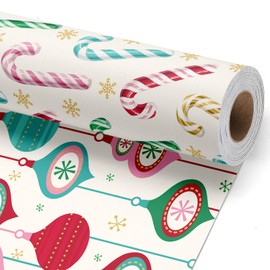 BIOBROWN Reversible Christmas Wrapping Paper - 17 Inch X 33 Feet (46.7 sq. ft. ttl.) - Colorful Candy Cane & Vintage Ornament Design Gift Wrap Paper for Xmas, Party, Holiday, Celebration
