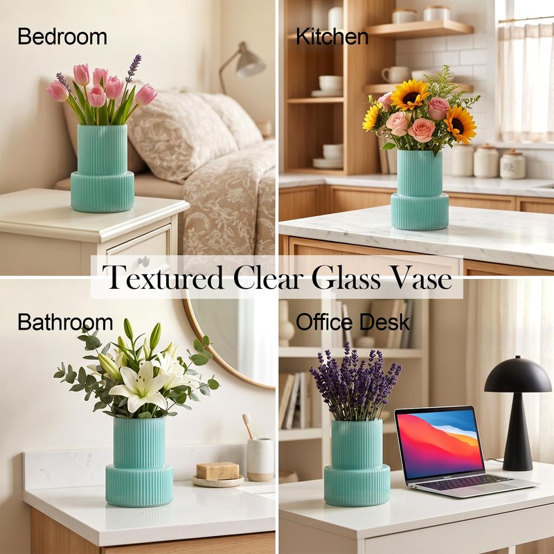 Green Ribbed Glass Vase, Modern Design Flower Vase