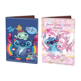 CNEISEJK Stitch Leather Passport Holder Cover, Cartoon Ohana Passport Wallet Credit Card Case for Women Girls (PAC-SDZ 2pcs 2406)