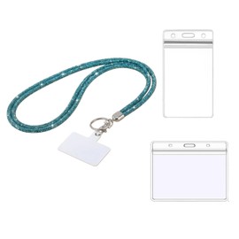 Fashion Sparkle Crystal Rhinestone Neck Lanyard,Bling Badge Holder with 2PCS ID Card Holders,Vertical and Horizontal,Bonus 1 Phone Patch (Lake Blue)