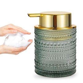 Glass Foam Soap Dispenser, Refillable Round Foaming Pump Bottle with Gold Pump, Foam Hand Soap Dispenser for Bathroom Kitchen, Modern Home Bathroom Decor (Green)