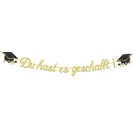 Glitter 2025 Graduation Decorative Garland, Du hast es geschafft Graduation Decorative Banner, Bachelor Hat Hanging Decoration for Graduation, Bachelor and Master Graduation Party Decoration (Gold, D)