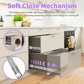 BAIDICE 1 Pair Soft Close Stainless Steel Full Extension 12 14 16 18 20 22 24 Inch Drawer Hardware Slides 100 lb Load Capacity Side Mount Ball Bearing Self Close Kitchen Cabinet Rails Dresser Runners