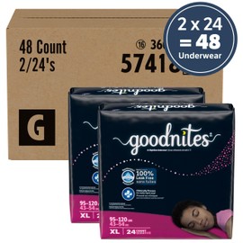 Goodnites Girls' Nighttime Bedwetting Underwear, Size Extra Large (95-120 lbs), 48 Ct (2 Packs of 24), Packaging May Vary