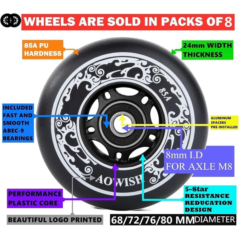AOWISH 8-Pack Inline Skate Replacement Wheels 85A Outdoor Asphalt Formula