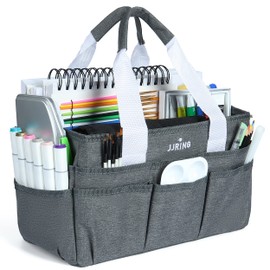 JJRING Craft Organizer Tote Bag, Art Storage Caddy with Multiple Pockets, Grey Sewing Bag for Art, Craft, Scrapbooking, Medical, and Office Supplies Storage