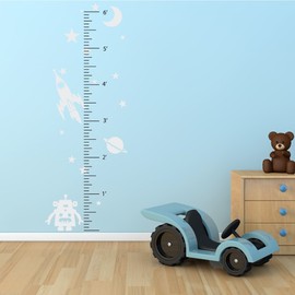 Outer Space Kids Growth Chart Removable Vinyl Wall Decal Sticker for Robot Space Ship Room Decor (White, 72x20 inches)