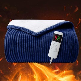 Flannel Heated Blanket King Size Fast Heat Sherpa Electric Blanket for Sofa Couch 10 Levels Heating Setting Controller, 1/2/4/6/8H Auto Shut Off Settings, Machine Washable, 100"x90", Navy