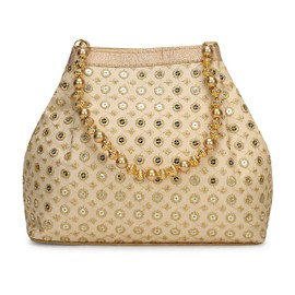 LONGING TO BUY Potli Bags for Women Embroidered Evening Purses with Gold Pearl Handle, Indian Women Potli Bags for Wedding (Golden -Bindi)