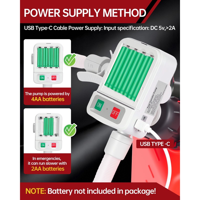 Portable Fuel Transfer Pump with Auto-Stop Sensor-3.2GPM, Battery or USB