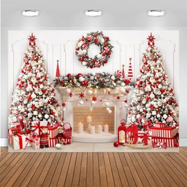Mocsicka Christmas Fireplace Backdrop White Red Christmas Tree Photography Background Winter Christmas Family Kids Holiday Party Banner Decorations Photo Booth Props (Red, 7x5ft(82''x60''))