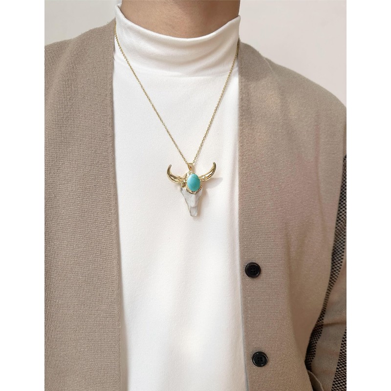 Ladywowu Turquoise Necklace, Bull Necklace Skull Jewelry for Men, December