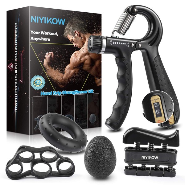 NIYIKOW Grip Strength Trainer Kit (5 Pack), Counting Grip Strength, Adjustable Hand Grip Strengthener, Finger Trainer, Finger Stretcher, Grip Ring & Stress Relief Grip Ball with Carry Bag - Black
