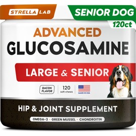 STRELLALAB Senior Advanced Glucosamine Joint Supplement for Dogs - Green Lipped Mussel & Collagen - Large Breeds - Hip & Joint Health - Bacon Flavor - 120 Chews