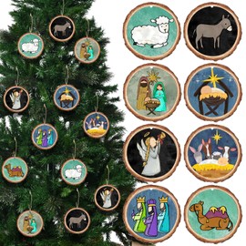 Amyhill 16 Pcs Nativity Christmas Ornaments, Nativity Scene Farmhouse Wood Slice Ornaments with Hemp Rope for Rustic Xmas Tree Decorations Holiday Decor Religious Gift