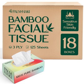 100% Bamboo Facial Tissue | 3-Ply Strong | Lint-Free, Fragrance-Free | Gentle for Sensitive Skin | BPA & PFAS-Free, FSC Certified | 18 Boxes (125 Sheets/Box) | PALM NAKI