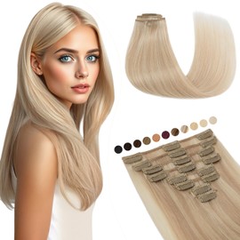 Elailite Clip-In Real Hair Extensions, 8 Wefts, Straight, #16P22 Honey Blonde, Champagne Gold, Real Human Hair Extensions, 25 cm - 50 g
