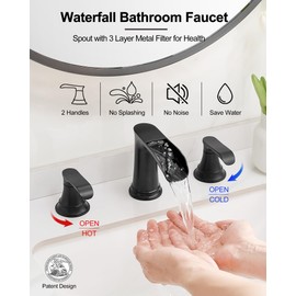 HOIGY Black Waterfall Bathroom Faucet, Brass Widespread 3 Hole Vanity Faucet, 2 Handles Bathroom Sink Faucet Set, 8 Inch Bathroom Faucets for Sink Vanity Lavatory Farmhouse RV with Pop-Up Drain
