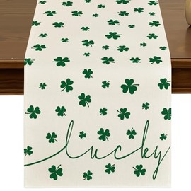 St. Patrick's Day Lucky Shamrock Table Runner 13x72 Inch Spring Holiday Clover Beige Kitchen Dining Table Decor for Indoor Outdoor Farmhouse Home Party Decoration ZQ88