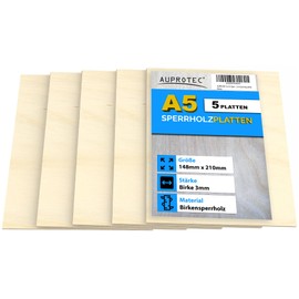 AUPROTEC 5x A5 Plywood Sheets 3mm Birch (148 mm x 210 mm) first class birchwood solid ply wood hardwood panels for arts and crafts fretsaw woodworking jigs painting drawing board