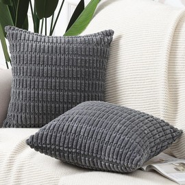 Madizz Pack of 2 Boho Striped Corduroy Throw Pillow Covers 16x16 inch, 40x40 cm, Dark Grey Soft Decorative Cushion Cover for Sofa Bedroom Pillow Shell