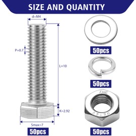 msymsyu Hexagon Screws Set M4 x 10 mm Stainless Steel Screws 50 Pieces M4 Machine Screws with Nuts Washers and Spring Washers for DIY Mounting of Various Mechanical Devices