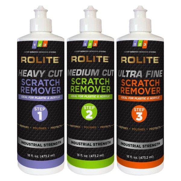 Rolite - RSR3STEP16zCP 3 Step Scratch Removal System for Clear Plastic and Acrylic Surfaces - Heavy Cut, Medium Cut and Ultra Fine Combo Set Removes Scratch and Swirl Marks, 3 - 16 Ounce Bottles