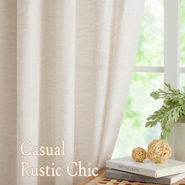 Semi Sheer Linen Curtains Natural 84inch Length Country Falx Blend Curtains for Living Room Farmhouse Light Filtering Privacy Elegant Curtains & Drapes Bedroom 52"W x 84", Set of 2 Panels