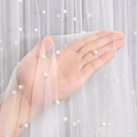 Miegecha Pearl Tulle 10FT Extra-Wide Tulle with Pearls, 60 x 120 Inches Soft Sheer Fabric in Multiple Colors for Wedding Arch, Party, Baby Shower, Birthday, Veil, Dress and Home Decor (White)