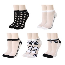 Benefeet Sox - Calcetines de nailon transparentes para mujer y niña, calcetines de malla finos, bonitos de encaje transparentes, Panda-5 Par Negro Blanco, M