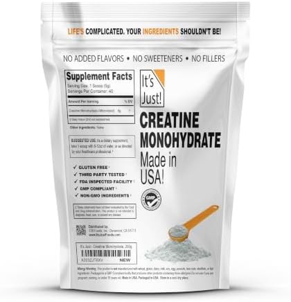 Its Just - Polvo de monohidrato de creatina, polvo de creatina pura, hecho en EE. UU., probado en laboratorio por terceros, 5g Per Ser