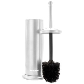 BROOKSTONE Toilet Brush and Holder Set for Bathroom with Splash Guard for Deep Cleaning, Compact and Space Saving Stylish Toilet Bowl Cleaners, Chrome