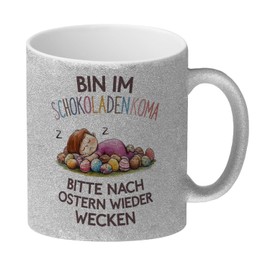 Schokoladenkoma Glitzer-Kaffeebecher - Kind auf Schokoladeneiern Lustiger Spruch für Schokofans - Tasse fürs Büro