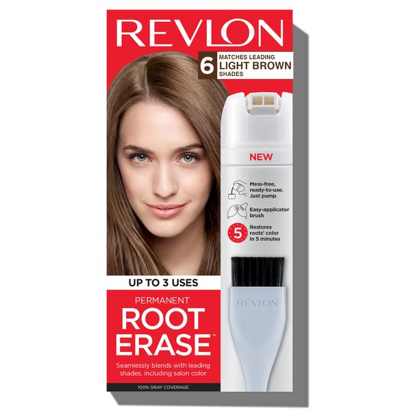 Revlon Permanent Hair Color, Permanent Hair Dye, At-Home Root Erase with Applicator Brush for Multiple Use, 100% Gray Coverage, Light Brown (6), 3.2 Fl Oz