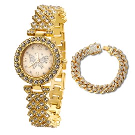 Halukakah Diamonds Gold Watch Iced Out for Girl Teens Kids - 18K Real Gold Plated, 29mm Butterfly Pattern Dial, Japanese Quartz - 7.7" Length - Comes with Cuban Chain 7" - for Birthday, Parties