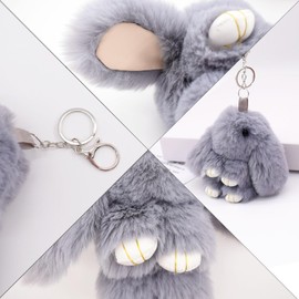 Bellisia Grey Fluffy Bunny Keyring Rabbit Keyring Pom Pom Rex Bunny Keychain Soft Cute Fashion Faux Fur Car Pendant Handbag Purse Decoration Keychain