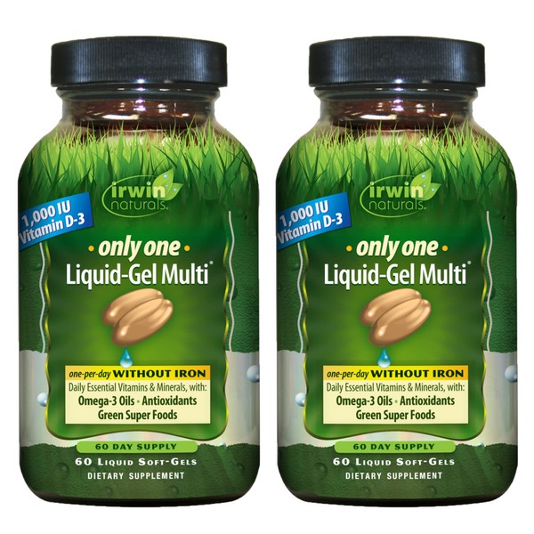 Irwin Naturals Only One Liquid-Gel Multi Without Iron - 60 Liquid Soft-Gels, Pack of 2 - Omega-3 Oils, Antioxidants & Green Super Foods - 120 Total Servings