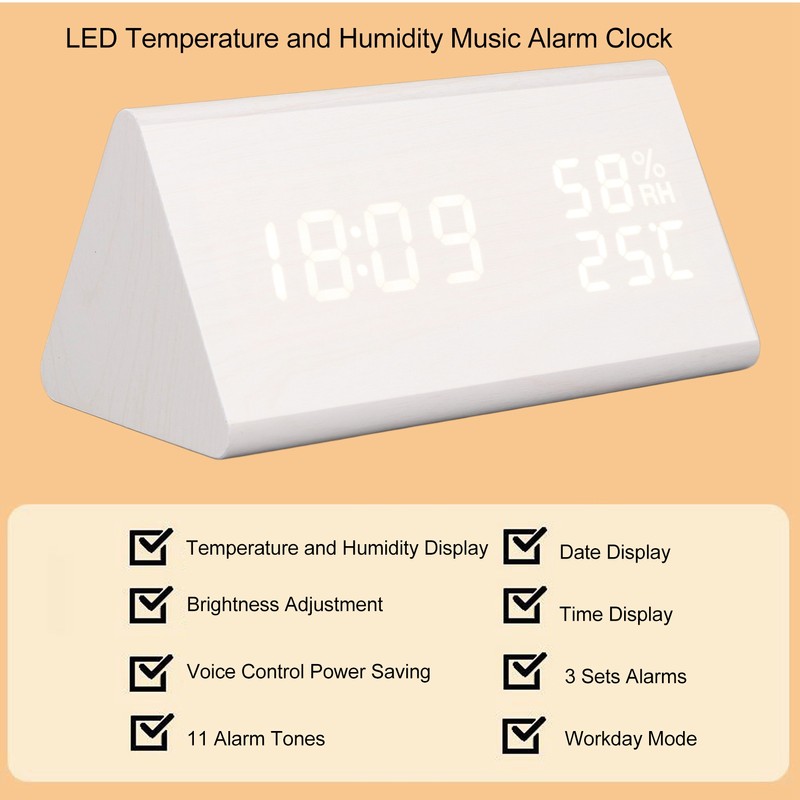 LED Digital Alarm Clock Multipurpose Wooden Clock with Voice Control