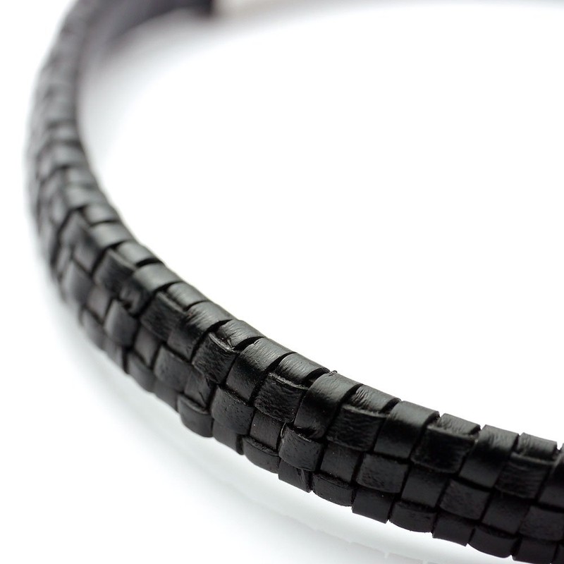 Silver One Leather Choker Men's Lattice Braided Locking Necklace, Black,