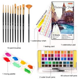 Shuttle Art Watercolour Paint Set, 48 colours Watercolour Paint in Half Pan, 2 Water Brush Pens, 10 Brushes, 1 Pad, 1 Palette, 2 colour Charts, Watercolour Kit for Kids, Adults, Artists