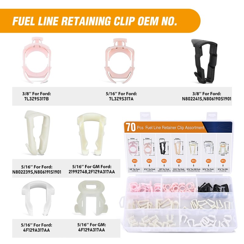 GOOACC 70Pcs Fuel Line Retaining Clips Assortment Kit 3/8" 5/16"
