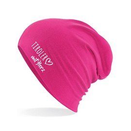 HUURAA Beanie Tiroler with Heart Unisex Hat with Motif for the Greatest People Gift Idea for Friends and Family, fuchsia