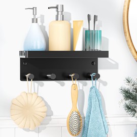 LOXSUN Wall Shelf No Drilling Bathroom Shelf, Shower Shelf No Drilling Shower Gel Holder, Floating Shelf for Gluing with 4 Hooks for Towels, Bath Bombs, Clothes, Comb and Keys (Black)