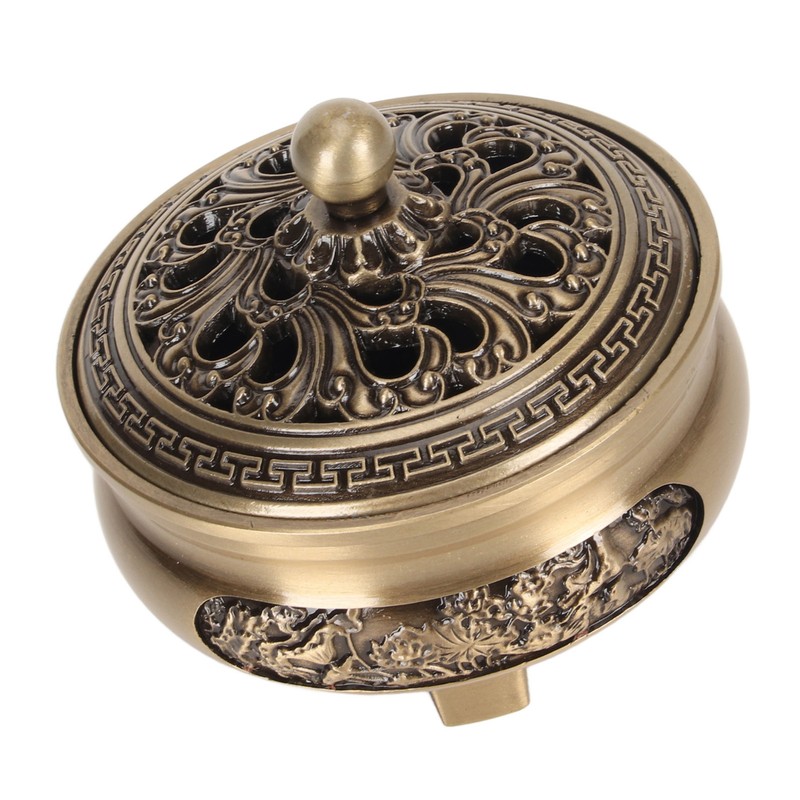 Coil Incense Burner with Lid Antique Beautifully Carved Electroplating Zinc
