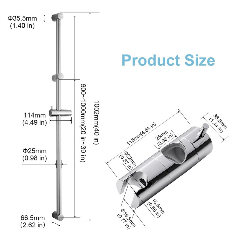 OFFO Shower Slide Bar 40 in Adjustable Installation Distance 20-39