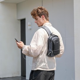 Kono Anti-Theft Sling Backpack, Water-resistant Crossbody Bag With USB Charging Port, Fashion Travel Mans Chest Bag for Cycling Camping Walking (Black/Grey)