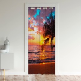 Ocean Beach Doorway Curtain Privacy and Door Curtain,Hawaiian Beach Palm Tree Insulated Thermal Curtains for Bedroom Decor,Tropical Sea Sunset Carpet,Closet Door Cover Curtain 34"x80" 1 Panel