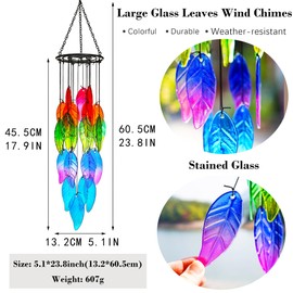 Carillones de viento de 18 pulgadas con hojas de vidrio para exteriores, hojas de arco iris, campanillas de viento, decoración al aire última intervensión, decoración de jardín