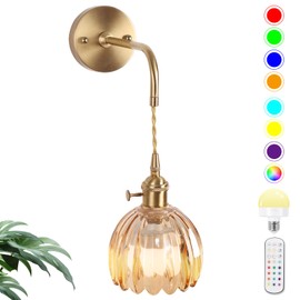 EIDEARAY Vintage Wall Sconce, Battery Operated Wall Sconce with Amber Tulip Glass Lampshade, Indoor not Hardwired Wall Sconces with Remote, Rechargeable Vintage Wall Lamp, for Bedroom Living Room