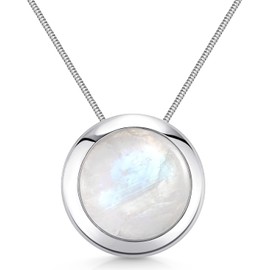 MATERIA by Matthias Wagner Large Moonstone Pendant Round 925 Sterling Silver with Chain, Sterling Silver, Moonstone